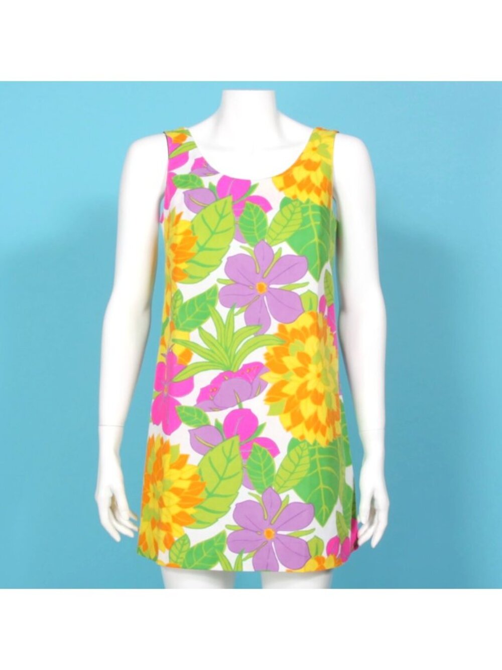 Vintage 60s KAIKAMAHINE Floral Sleeveless Hawaiian Tunic Mini Dress S /348